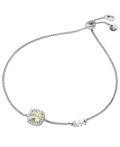 NUOVO bracciale Michael Kors argento sterling pavè aureola e logo slider $125 in scatola