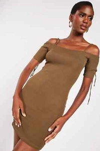 Women's New Ribbed Cold Shoulder Mini Dress Olive Green Size 10 - Picture 1 of 4
