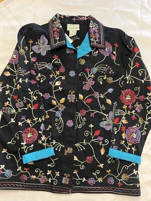 NWT QUACKER FACTORY FLORAL BUTTERFLY EMBROIDERED BEADED JACKET WOMENS SZ M Black - Image 1 of 4