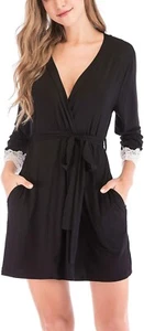 Chic Women's Short Robe Kimono Bathrobes Lightweight Sleepwear Lace Pockets XL - Picture 1 of 6