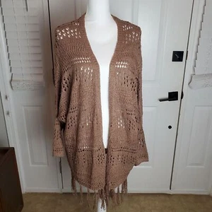 Umgee Cardigan Womens Large Mocha Brown Fringe Open Knit Boho Dolman Sleeve New - Picture 1 of 9
