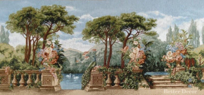 42" WALL JACQ. WOVEN TAPESTRY Paradise Garden PEACOCK and SWANS FLORAL LANDSCAPE - Image 1 of 2