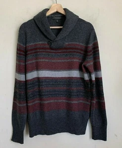 Banana Republic Sweater Pullover Round Neck Button Gray Multi Stripe Merino Sz M - Picture 1 of 5