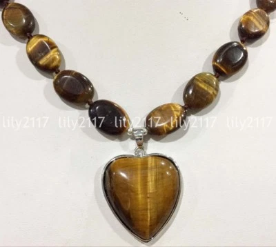 13x18mm Natural Yellow Tigers Eye Oval Gemstone 30mm Heart pendant necklace 18'' - Image 1 of 3