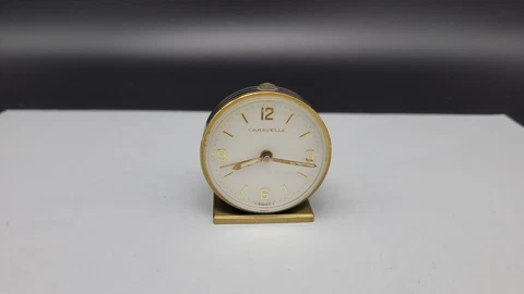 Vintage CARAVELLE Swiss 7 Jewels Miniature Alarm Clock, Working Cover