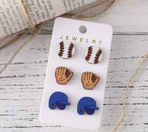 Baseball Mom Earring Set. 3 Pairs Of Wooden Studs NEW - Picture 1 of 3