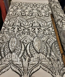 Silver Stretch Nylon Spandex Mesh Sequin Fabric "Constellation design - Picture 1 of 8