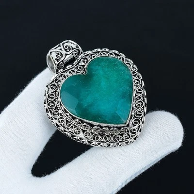 Smeraldo Creato IN Laboratorio Gemma 925 Argento Vintage Ciondolo For Love Gifts - Immagine 1 di 4