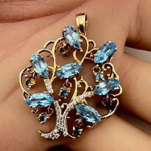 Vintage 925 Sterling Silver Gold Blue Topaz CZ Tree of Life Pendant 1.5" (7g) - Picture 1 of 5