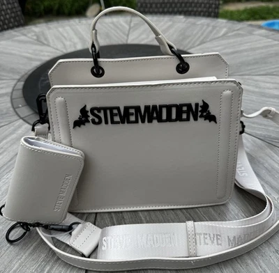 Steve Madden Bevelyn Bats Satchel Crossbody Bag Wallet Chalk Halloween White - Image 1 of 4