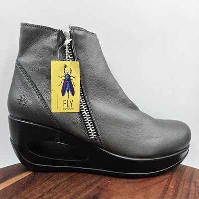 Botas Fly London Hulk para mujer 41/10 plateadas de cuero negro plataforma botín de cuña Foto 1 de 4