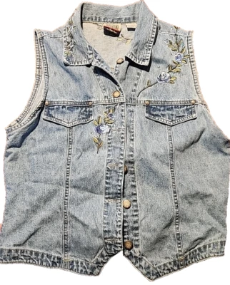 复古牛仔背心 Blassport 蓝色牛仔花卉刺绣女式 L 80 年代 90 年代 — 第 1/4 张图片