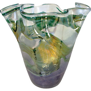 11  Leaf Green Swirl Art Glass Vase Hand Made Hand Blown Glass Stunning Colors