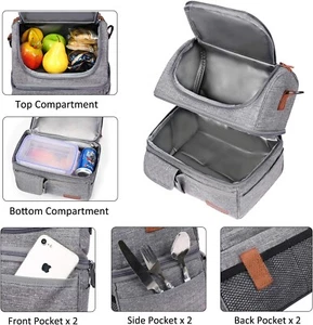 Gray LOKASS Dual-Deck Cooler Tote Lunch Bag with Detachable Shoulder Strap - Picture 1 of 8