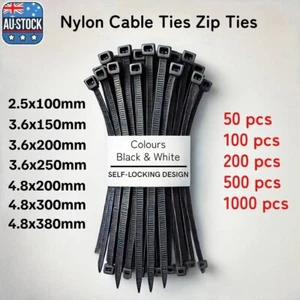 Cable Ties Zip Ties Nylon 50/100/200/500/1000x Bulk Black & White Cable Tie - Picture 1 of 5