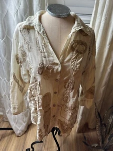 Chicos Leinen Damen 2 bestickt Tribal Masken Knopfleiste Shirt Resortwear Strand - Bild 1 von 15