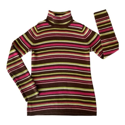 J. Khaki Striped Turtleneck Sweater Ribbed Long Sleeves Pink Green Brown Girls L - Image 1 of 4