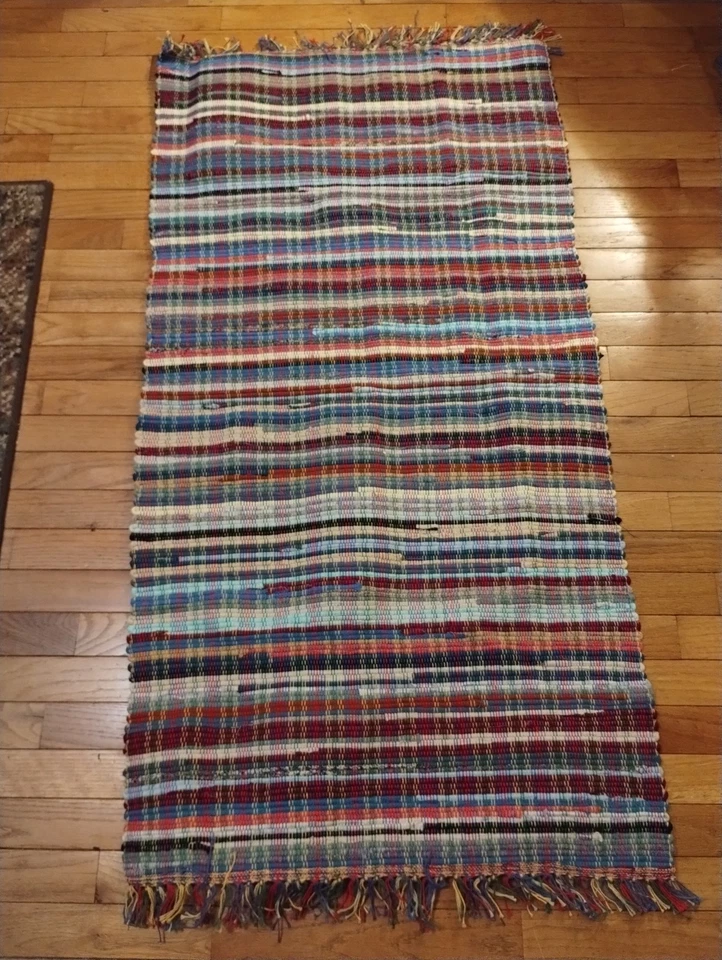 27 x 57 дюймов винтажный тряпичный ковер ручной работы деревенский фермерский домик усадьба с бахромой  - Изображение 1 из 4