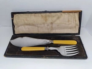 Juego de servir pescado Atkins Bros cuchillo tenedor mangos de celuloide caja original placa de plata - Imagen 1 de 12
