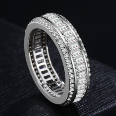 Anillo hueco relleno de oro blanco banda AAA CZ corte princesa de lujo para hombres y mujeres talla 5-10 Foto 1 de 4