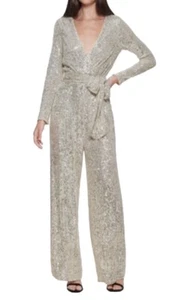 Eliza J Sequin Wrap Front Long Sleeve Jumpsuit In Champagne Sz 6 NWT - Picture 1 of 12