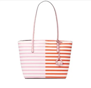 Kate Spade New York Zina Coated Canvas Large Tote Pink Red Stripe Shoulder Bag - Picture 1 of 10