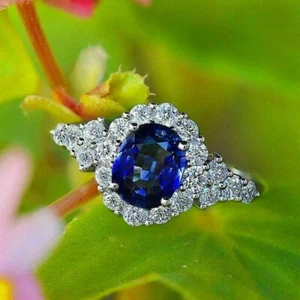 Vintage 3 Ct Oval Cut Blue Sapphire Diamond Halo Ring 14K White Gold Finish - Picture 1 of 7