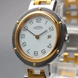 New Batt ◆Exc+5◆ Vintage HERMES Clipper Date 30mm Unisex Quartz Watch From JAPAN - Picture 1 of 11