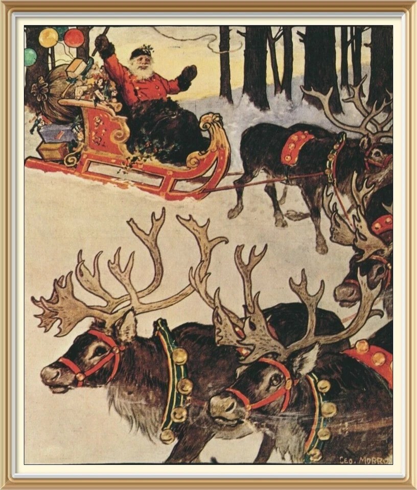 Original c1975 Vintage Old GEORGE MOBROW Print Christmas SANTA CLAUS REINDEER — 第 1/1 张图片