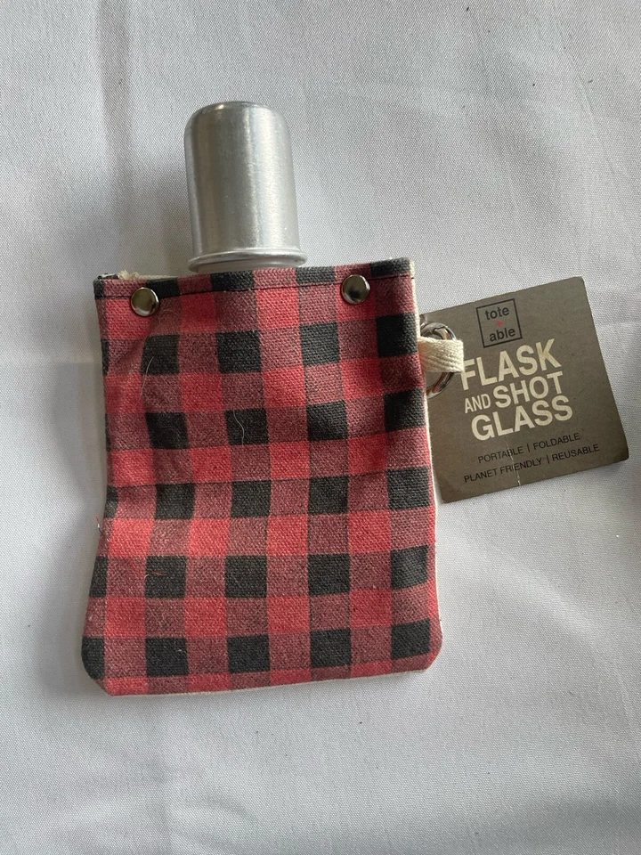 Tote+Able Buffalo Plaid 4 oz. Flask and Shot Glass Eco-Friendly Red Made is USA - Image 1 of 2