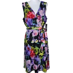 Tahari Floral Faux Wrap Midi Dress 16 Black Multicolor Belted Surplice Romantic - Picture 1 of 15