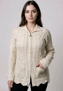 Inis Crafts Ireland cremefarbener Pullover Cardigan Merinowolle Zopfmuster durchgehender Reißverschluss! S - Bild 1 von 7