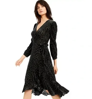 Calvin Klein Black Sheer Leopard Velvet Burnout Wrap Dress Gothic Glam  8 - Image 1 of 4
