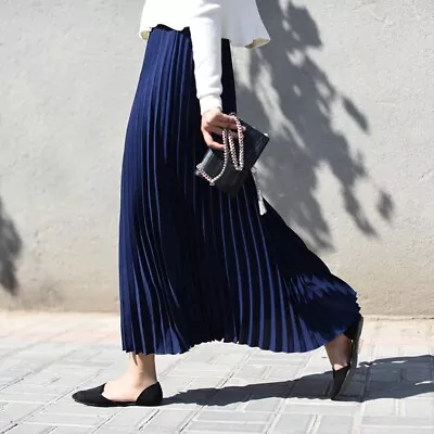 Women Chiffon Long Pleated Accordion Pleat Midi Skirt A Line Maxi Skirts - Image 1 of 4
