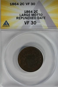 1864 .02  ANACS VF 30 LARGE MOTTO REPUNCHED DATE Two-cent piece, 2c, Shield Coin - Picture 1 of 2
