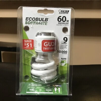 Feit Electric ECOBULB Soft White 60 Watt uses 13 W GU24 Twist Lock Base 9 Year! - Image 1 of 2