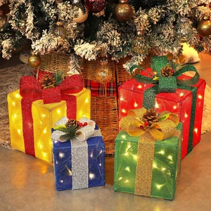 Set of 4 Christmas Lighted Gift Boxes Decorations, Pre-Lit Tinsel Present Box wi - Picture 1 of 7