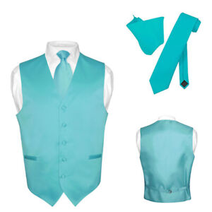 Men's Dress Vest NeckTie Hanky TURQUOISE AQUA BLUE Neck Tie Set for Suit Tux S