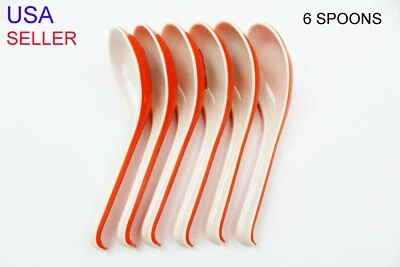 6 PCS Chinese Japanese Orange and White Two Tone Soup Spoons with Long Handle