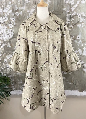 Abrigo Chaqueta RYU Marrón Tostado Patrón de Hilo Botón Frontal Artístico Línea A L Foto 1 de 4