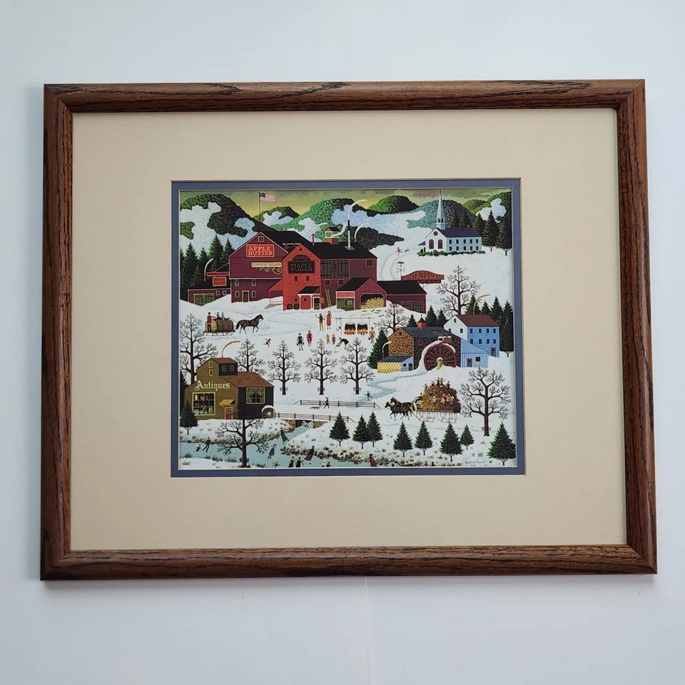 Charles Wysocki 带框艺术印花 17.5 x 21.5 冬季滑雪村 美国 — 第 1/4 张图片