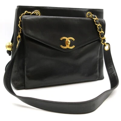 CHANEL CC Logo Chain Shoulder Tote Bag Leather Black GHW Italy M863 - Image 1 of 4