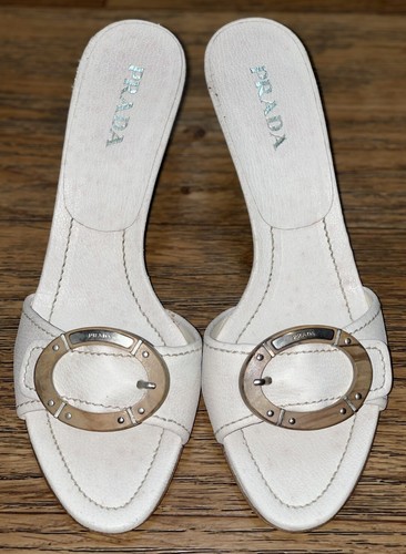 Muli sandali Prada vintage Y2K punta aperta tacco taglia 39 5 crema molto rari!