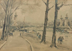H. F. Wagner antikes Aquarell Paris Pont Alexandre III. Seine Ufer Personen Boot - Bild 1 von 6