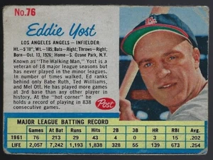 1962 Post #76 Eddie Yost Los Angeles Angels Infielder off-Condition BB Card - Picture 1 of 1