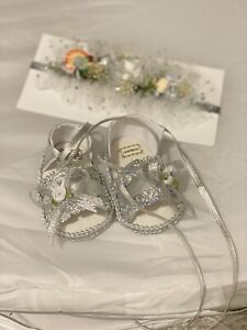 Silver Newborn Baby Shoes And Headband Set