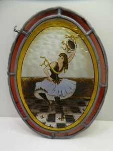 ANTIQUE VICTORIAN HAND PAINTED GLASS PANEL LEAD LIGHT LADY DANCER TAMBOURINE - Picture 1 of 13
