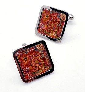 Unique Funky PAISLEY DESIGN CUFFLINKS chrome RETRO PRINT smart WEDDING gift FAB - Picture 1 of 3