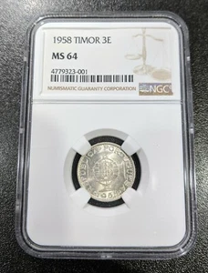 1958 MS64 Timor Silver 3 Escudos KM 14 NGC UNC Portugal One Year Type! - Picture 1 of 2