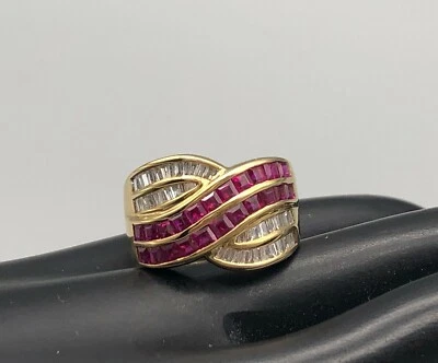 LeVian Encore 18K желтое золото багет бриллиант рубин кроссовер кольцо группы 2.25TCW - Изображение 1 из 4